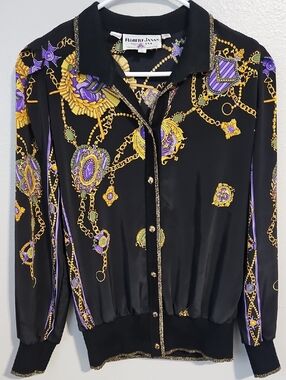 Vintage Black Chain & Jewel Print Silk-Blend Blouse